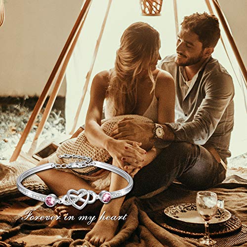 Image of AOBOCO 925 Sterling Silver Infinity Endless Love Heart Birthstone Bangle Bracelet - I Love You Forever Series Adjustable 6-8 in Bracelet with Crystals from Austria Romantic Birthday Jewelry Gift for Women Wife Girlfriend