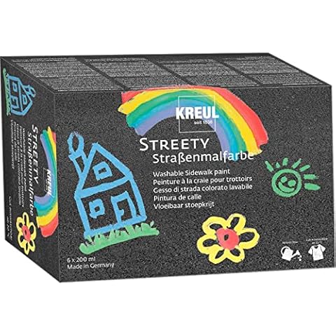 KREUL 43110 - Streety Straßenmalfarbe Set, 6 Farben mit je 200 ml, abwaschbare Flüssigkreide zum Malen mit Pinsel oder Roller, flüssige Straßenmalkreide, vegan, dermatologisch getestet, auswaschbar Cover