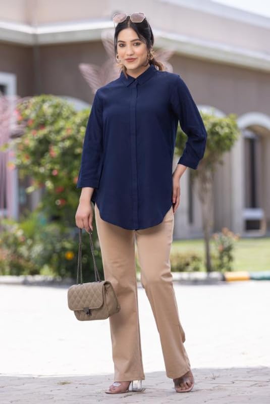 Image of Mlada Hemline Solid Shirts for Women | 3 /4 Sleeves Classic Rayon Shirt for Office Wear | Collared Neck Shirt for Girls | Regular Fit Shirts | Smart Formal Button Down Shirt for Women