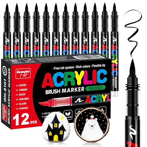 Camiki Art 12 Black acrylic paint pen Waterproof Paint Markers for Rock Wood Pebbles Glass Ceramic Stones Fabric Canvas Craft - Brush Pens black Permanent Marker Pen Set