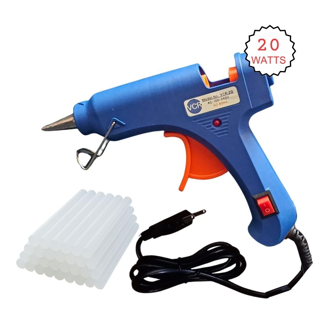 VCR 20W Hot Melt Glue Gun for Crafting & DIY Purpose - 20 Watts - ON/Off Switch for Precise Glue Output - Easy To Use Blue Glue Gun + 30 Transparent - 7mm Glue Sticks - VCR 20 Mini