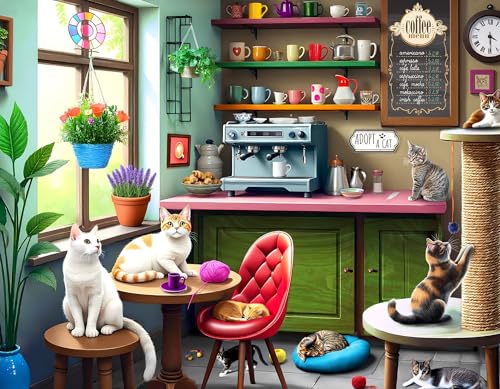 Rompecabezas Springbok 'Cat Café', 500 piezas, para adultos, piezas únicas, fabricado en EE.UU., materiales ecológicos con gatitos juguetones y ambiente acogedor de cafetería miniatura 1