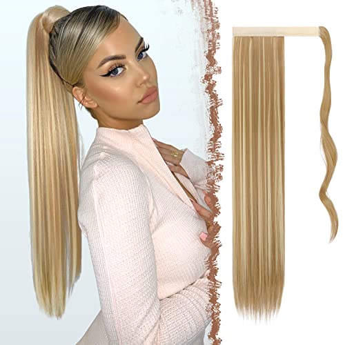 FESHFEN Cola de Caballo Extensiones 70 cm Largo Liso Postizos de Pelo Natural Sintética Ponytail Extensiones de Cabello Coleta Postizos para Mujeres, Rubio Dorado y Rubio Blanqueado