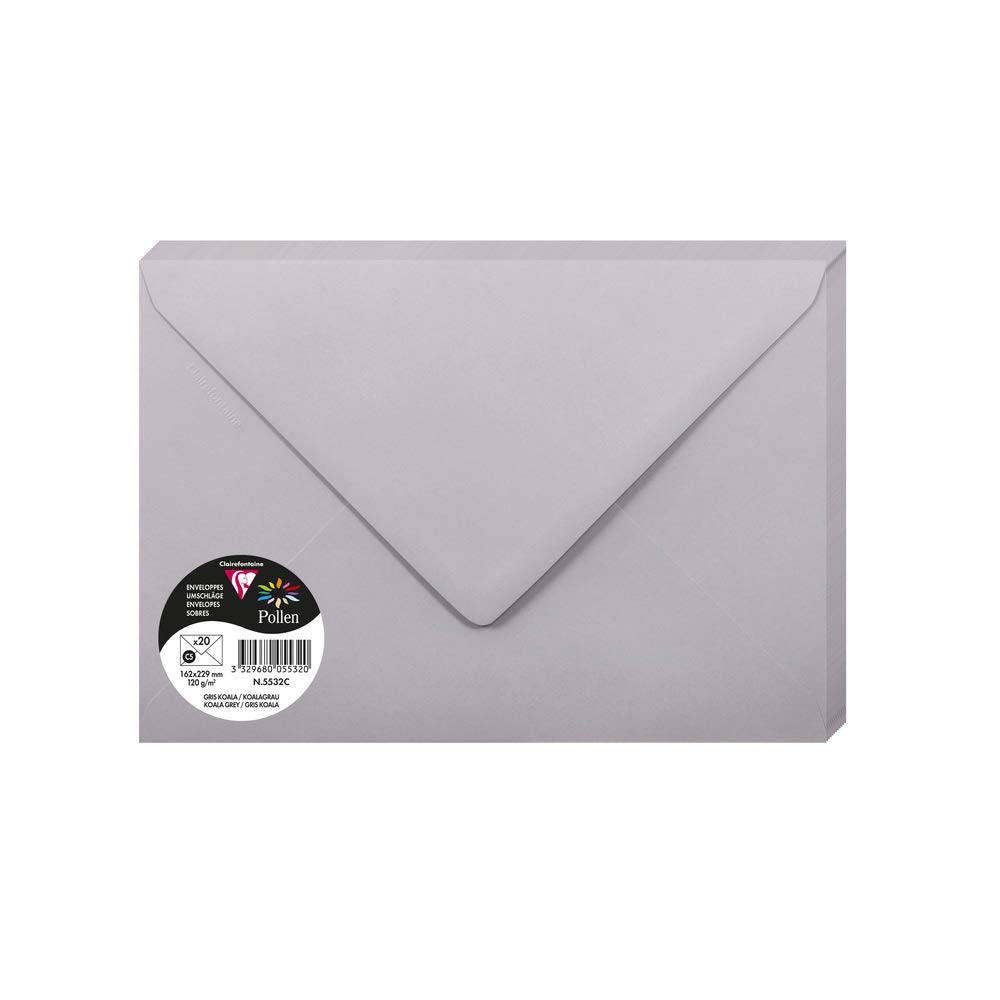 Clairefontaine 5532C Pack of 20 Gummed Envelopes Format C5 16,2x22,9cm 120gsm Colour Koala Grey Invitation Events Correspondence Pollen Premium Smooth Paper