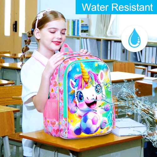 Image of 3Pcs Unicorn Backpack for Girls, 16 inch Soccer School Backpacks Set for Elementary Preschool Kindergarten, Kids Bookbag with Lunch Box(Pink)