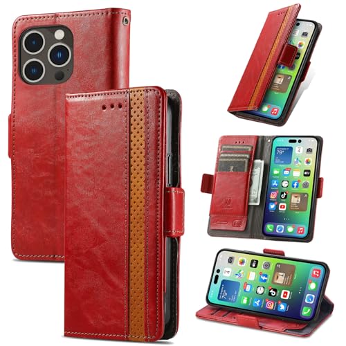 Étui portefeuille à rabat magnétique iPhone 14 Plus rouge protection cuir 6,7