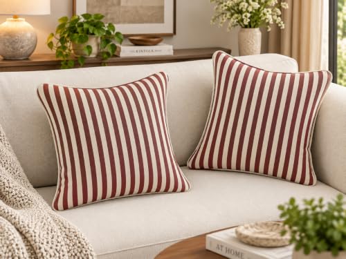Image of 100% Cotton - Wine /Maroon Stripes Cushion Covers Set of 5 (16 x 16 inches) - Cushion Covers for Sofa & Living Room Decor