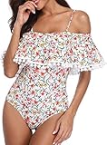 Tempt Me Women's White Pom Pom Ruffle One Piece Swimsuits Off Shoulder Flounce Bathing Suits M