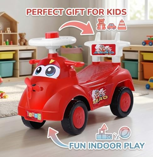 Image of Kids Ride On Red Car for Toddlers with Steering Wheel & Backrest | Foot to Floor Baby Push Car | Indoor Outdoor | Strong Wheels & Comfortable Seat | Racing Design for Boys & Girls (1-3 Years)