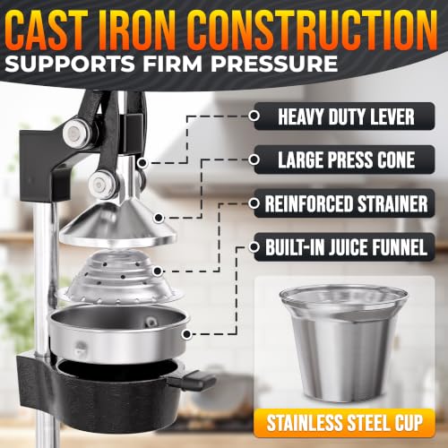 Image of Cast Iron Juicer Hand Press, Heavy-Duty Squeezer - One Pull Extracts Full Juice with No Electricity - Manual Citrus Press Juicer & Orange Squeezer for Lemon, Lime, and Lemonade at Home or Bar (Black)