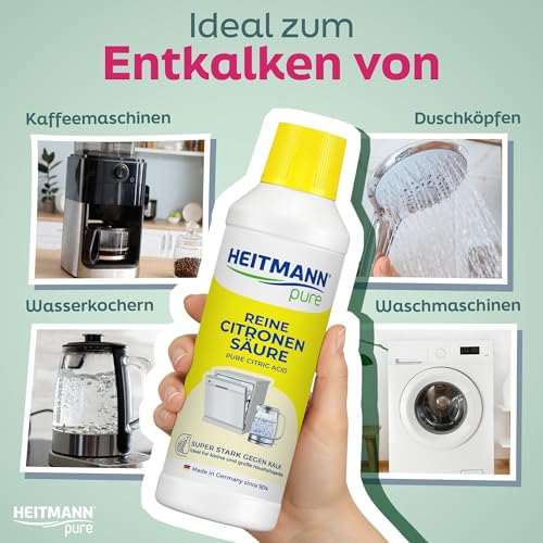 HEITMANN pure Reine Citronensäure 500 ml | Effektiver Kalkentferner in Küche & Bad | 100% natürliche Zitronensäure | Entkalker für Kaffeevollautomat, Wasserkocher & Waschmaschine | Lebensmittelsauber 3