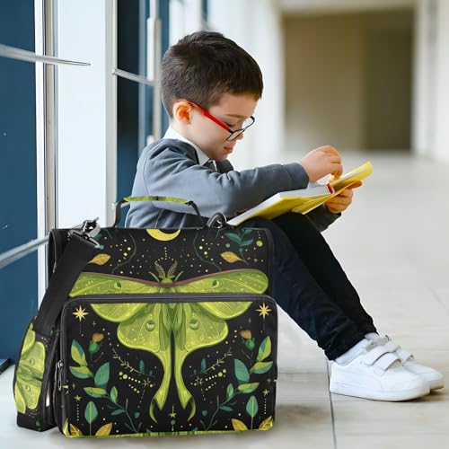 Image of 3 Ring Zipper Binder with Shoulder Strap Mystical Green Moon Moth Boho 1.5 inch Binders Keeper Large Capacity Multi Pockets for School Office Supplies