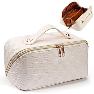 Makeup Bag Cosmetic Bag, Checkered Makeup Bag, Large Capacity Travel Cosmetic Bag for Women, PU Leather Travel Makeup Bag with Dividers and Handle (White)