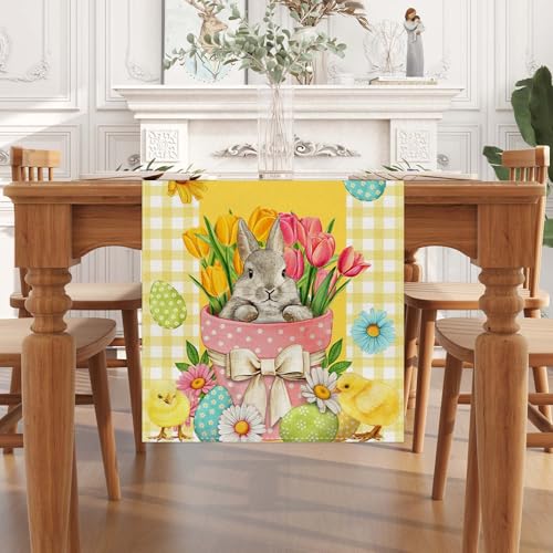 Linen-Yellow-and-White-Buffalo-Check-Plaid-Easter-Table-Runner-72-Inches-Long-Easter-Egg-Bunny-Chick-Daisy-Tulip-Floral-Table-Decor-Spring-Summer-Easter-Home-Kitchen-Dining-Room-Table-Decorations Linen Yellow and White Buffalo Check Plaid Easter Table Runner 72 Inches Long Easter Egg Bunny Chick Daisy Tulip Floral Table Decor Spring Summer Easter Home Kitchen Dining Room Table Decorations