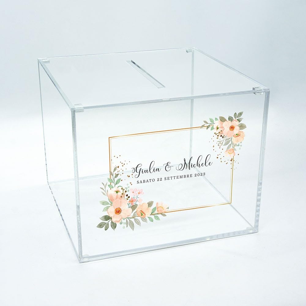DesignPlex Scatola in plexiglass trasparente per regali in contanti e biglietti per il matrimonio personalizzata. Spessore plexiglass: 3-4 mm. Dimensioni: L 25 x P 25 x H 25 cm o Personalizzate.