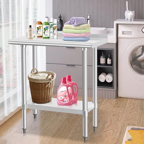 Image of HARDURA Stainless Steel Commercial Work Table Prep Work Metal Table 14x30 Inches with Undershelf and 2 inch Backsplash Heavy Duty NSF 430 for Kitchen Food Prep