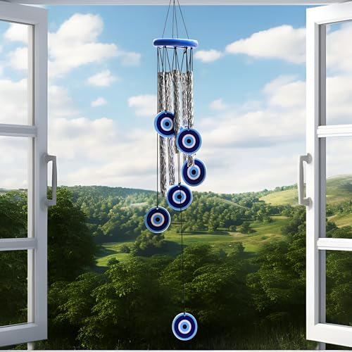 Image of Evil Eye Wind Chimes for Balcony & Positive Energy - 5 Metal Pipes with Nylon Thread & 6 Wooden Evil Eyes with Melody Sound for Relaxation and Calmness