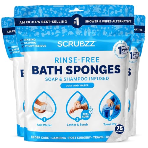Image of Scrubzz Disposable No Rinse Bathing Wipes - All-in-1 Single Use Shower Wipes, Simply Dampen, Lather, and Dry Without Shampoo or Rinsing (Unscented, 3-Pack)