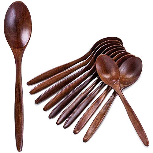 Doenfae Juego de 10 cucharas de madera, mango largo de madera natural, para mezclar, revolver, cocinar, 7,3