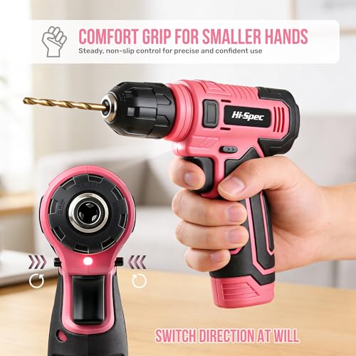 Image of Hi-Spec Cordless Drill Set, 8V USB Pink Power Drill Driver & Screw Bit Set for Women. Ladies Cordless & Rechargeable Electric Drill Driver with Wall Hanging Kit