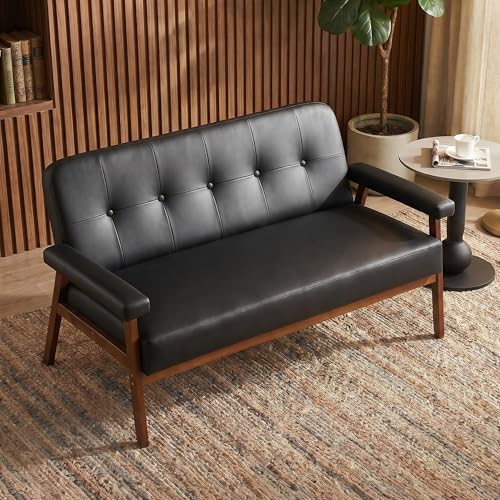 Image of JIASTING 50 inch Black Leather Loveseat Sofa, Small Office Couch with Wood Arms