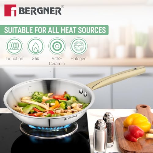 Image of Bergner TriPro Triply Stainless Steel Induction Bottom 7 Pcs Cookware Set with PVD Coated Golden Handles, Kadai 22cm /2L with Glass Lid, Frypan 22cm, Saucepan 14cm /1.2L, Turner, Ladle, Serving Spoon