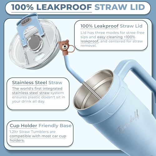 Image of Insulated Tumbler with Straw Lid and Handle (1200 ML) Double Wall Sipper Water Bottle for Adults, Tumbler Bottle with Straw (Arctic Blue, 1200 ML, with Bear Straw Coverr)