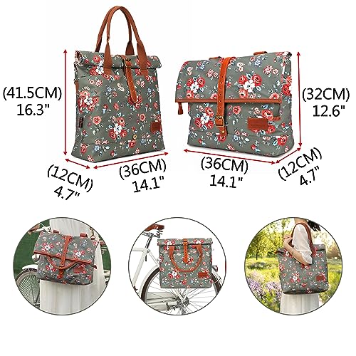 TOURBON Canvas Bike Bag for Bicycle Rear Rack Pannier Roll-top Women Tote Shoulder Bag (Green with Flower)