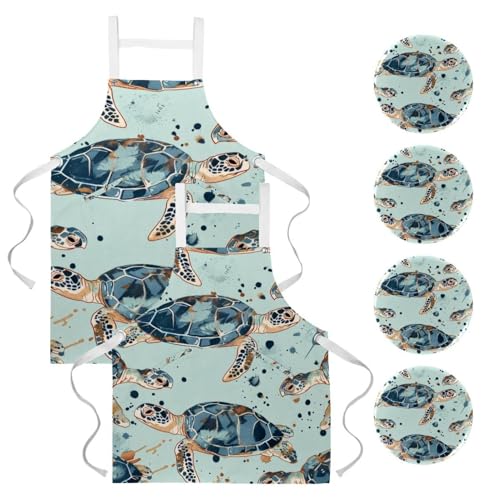 Tablier de cuisine multicolore à motif tortues de mer avec 4 broches