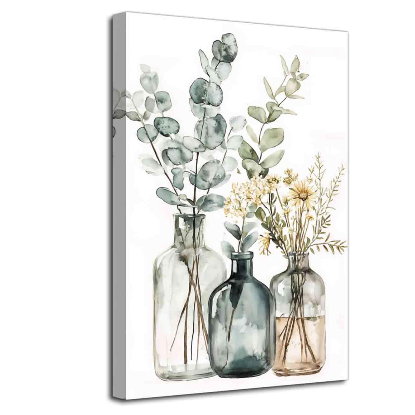 LZIMU Eucalyptus Flower Wall Art Bathroom Floral Picture Glass Vases Canvas Print Sage Green Leaves Poster Botanical Mason Jar Painting Rustic Kitchen Decor (Beige, (90L x 60W cm))