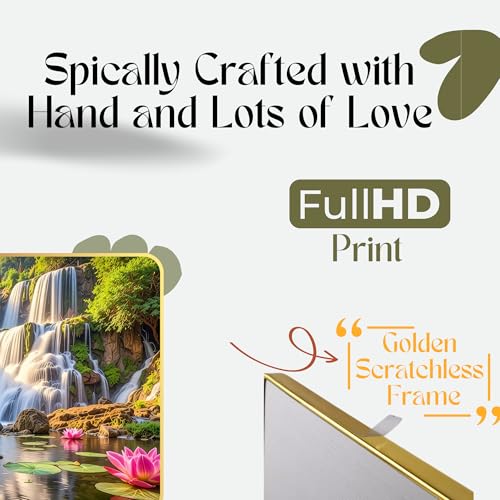 Image of Arkasto Lotus Waterfall MDF Wall Painting | Vastu Positive Wall Art for Living Room, Bedroom, Office & Home Decor | Nature Scenery with Waterfalls & Lotus Flowers (Style-04, 12x18 inch)