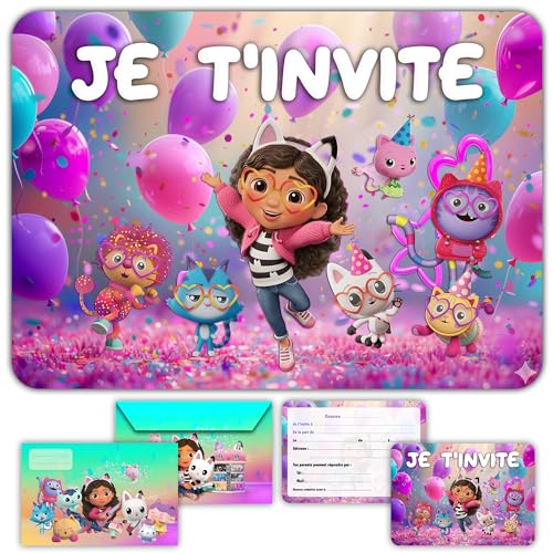 Glowiibo Lot de 12 Cartes Invitation Anniversaire Chat avec Enveloppes Assorties - Idéal Enfant Fille - Cartons Préremplis en Français pour Fête ou Goûter...