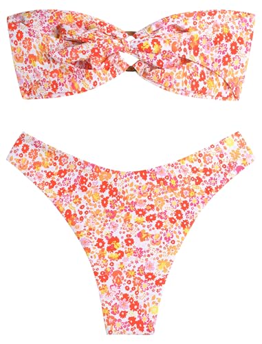 Image of ZAFUL Women's Bandeau Bikini O Ring Strapless Tie Back High Cut Two Piece Swimsuit Bathing Suits