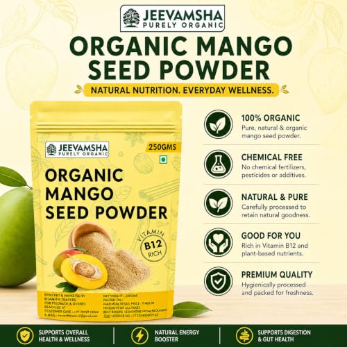 Image of Mango Seed Powder with Vitamin B12 250g - Raw, Vegan, Gluten-Free - Immune & Digestive Support Superfood - Non-GMO Herbal Supplement - Resealable Pouch
