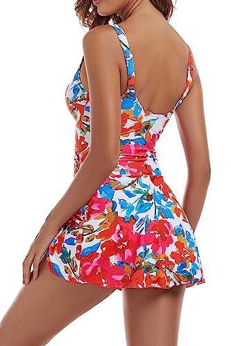 One Piece Swim Dress Swimsuits for Women Tummy Control Swimdress Skirt V Neck Bathing Suit3