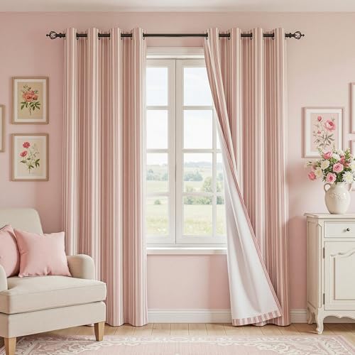Image of MYSKY HOME Striped Curtains 100% Blackout for Girls Bedroom 84 Inches Long Red Stripe Patterned Linen Blend Double Layer Farmhouse Rustic Drapes, Grommet, 2 Panels, 52 inch Wide