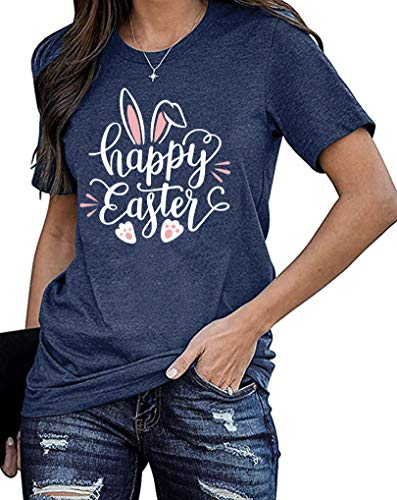 Image of Women Happy Easter T Shirt Bunny Rabbit Graphic T-Shirt Funny Letter Printed Shirts Short Sleeve Tops