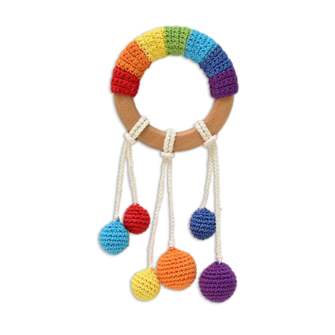 Happy Threads, Crochet Rainbow Balls Rattle for Newborn,Babies, Soft Handmade Rattle Toys for Kids, Childsafe (BIS Certified)