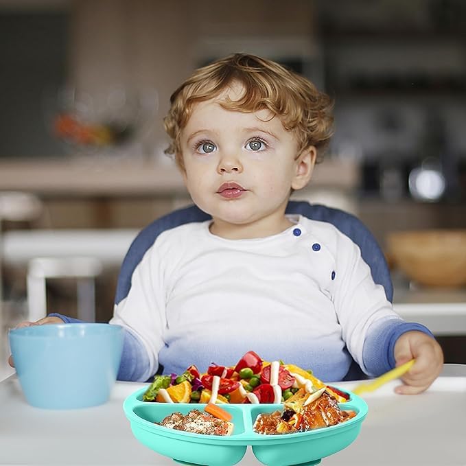 Image of BabyGo Silicone Suction Plates for Baby Microwave,Dishwasher, Freezer Safe Unbreakable with 4 Suction Cup Feeding Plate for Baby & Toddlers, BPA Free (Light Blue)
