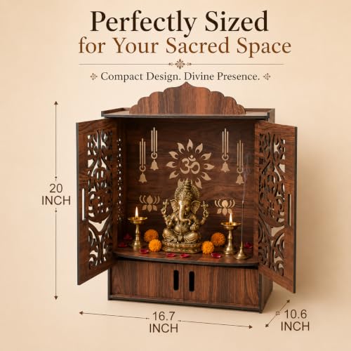 Image of The Castle Decor Wooden Mandir for Home, Wall Hanging & Tabletop Pooja Temple with Double Doors, Om & Lotus Cutwork, Storage Cabinet, Dark Walnut MDF for Pooja Room, 10.6 x 20 x 16.7 Inch (Design-2)