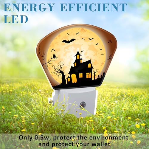 Image of Halloween Horror Castle Night Light for Kids Girls Boys, Halloween Full Moon LED Night Light Plug into Wall with Dusk to Dawn Sensor for Bedroom, Hallway, Kitchen, Bathroom, Stairs Decor
