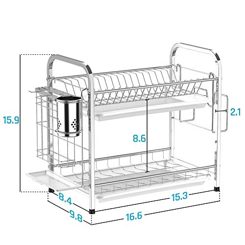Dish Rack, Cambond 304 Stainless Steel 2 Tier Dish Drying Rack with Drain Board, Utensil Holder, Cutting Board Holder, Rustproof Dish Drainer for Kitchen Countertop, Silver - Thumbnail 5