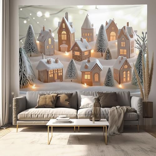 Tapisserie village de Noël en tissu gris blanc pour décorer un salon chaleureux
