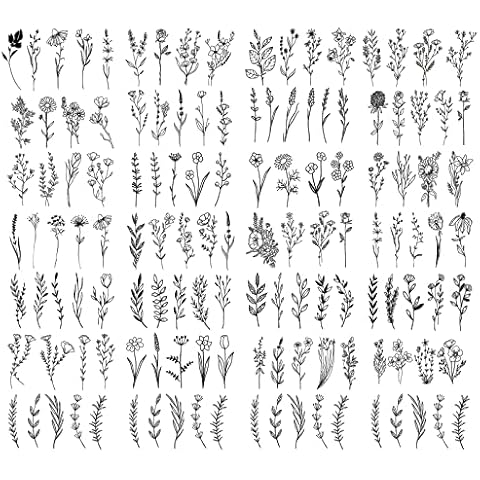 TSHAOUN 25 Blätter Temporäre Tattoos Set, Klein Schwarz Blume kleiner Schwarzer Ast Tattoo Aufkleber Fake Tattoos Cover