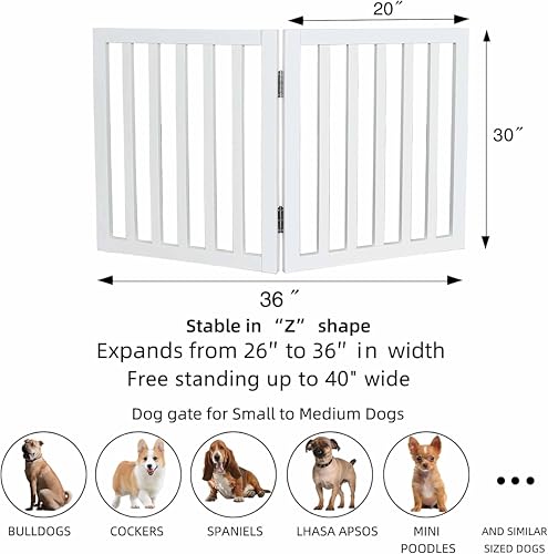Image of Belief Foldable Wooden Pet Gate for Dogs & Cats - Indoor Safety Barrier for Doorways, Hallways & Stairs | Free-Standing, Portable White Dog Fence - 3 Panel, 60 cm Height (【2 Panels 】 39''W x 30''H)