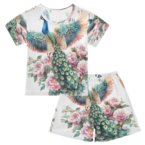 ALAZA Beautiful Flower Peacock Bird Pajamas Set Short Sleeve Cotton Sleepwear Summer Pjs 2 Piece 5-14Y