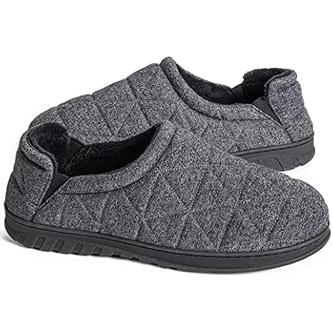 Snug Leaves Men's Quilted Fleece Memory Foam Slippers Breathable Comfy House Shoes with Adjustable Elastic Gores Black, Size 10-11 UK Cover