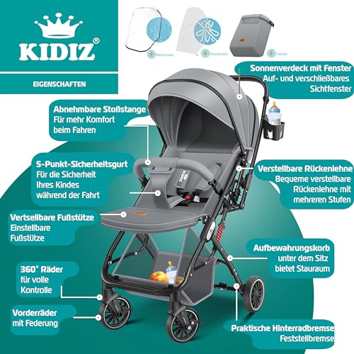 KIDIZ® Kinderwagen Kinderbuggy klappbar Liegebuggy Sportwagen Faltbar 360° Räder 5-Punkt Gurt Inkl. Fußsack, Getränkehalter, Regenabdeckung & Moskitonetz verstellbare Rückenlehne & Sonnenverdeck