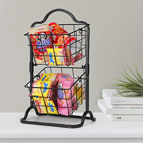 2-Tier Metal Basket Stand, Mini Kitchen Storage Basket Countertop Shelf Rack for Fruits, Vegetables, Household Items, Toiletries（Black）. - Thumbnail 6