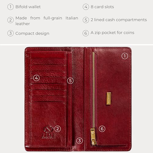 Image of Time Resistance Long Leather Wallet - Bifold Mens Suit Leather Wallet - Checkbook Wallet - Tall Billfold Card Wallet - Slim Wallet Made in Italy (Red)
